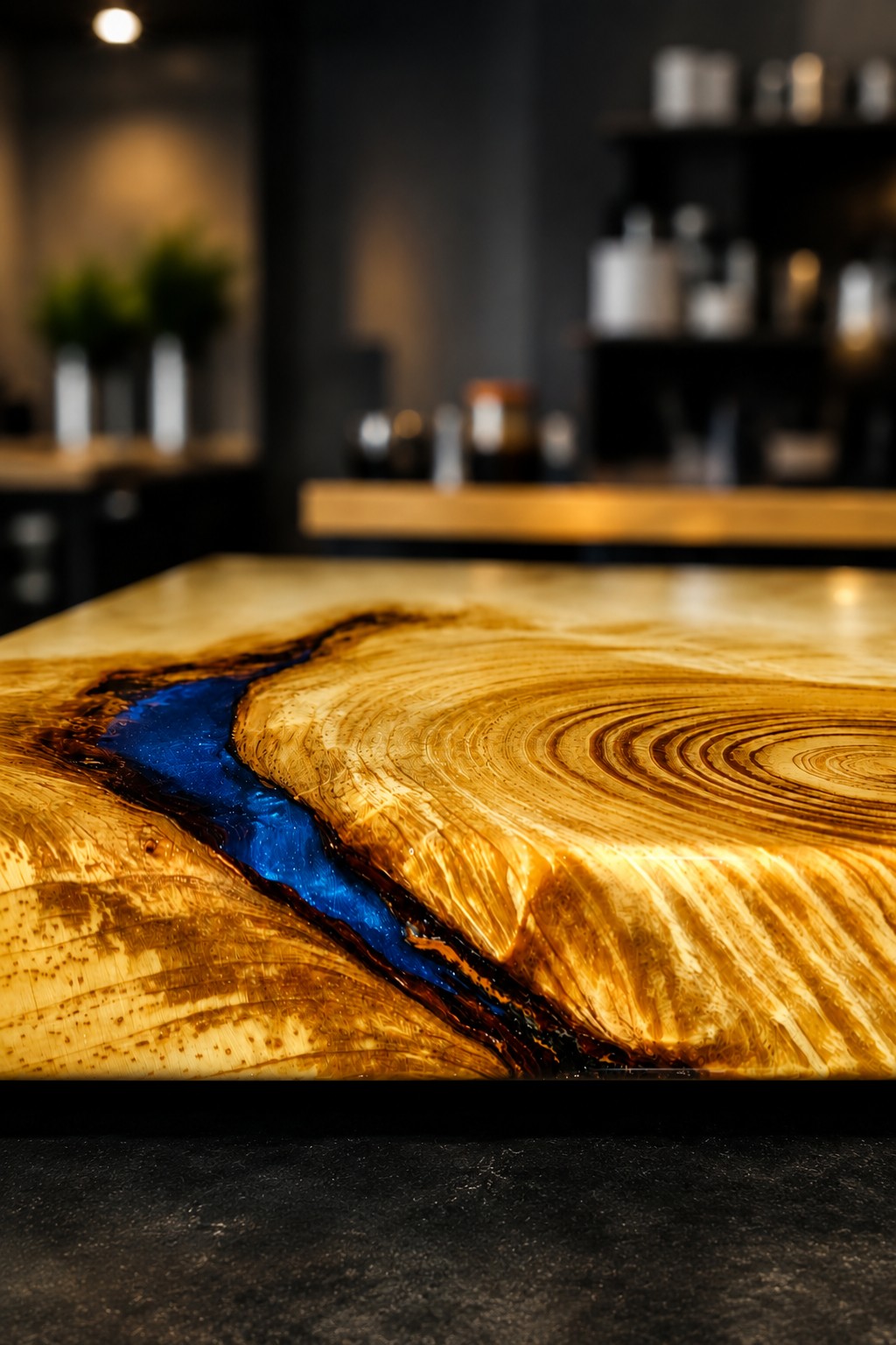 Custom live-edge wood table with a deep blue epoxy river